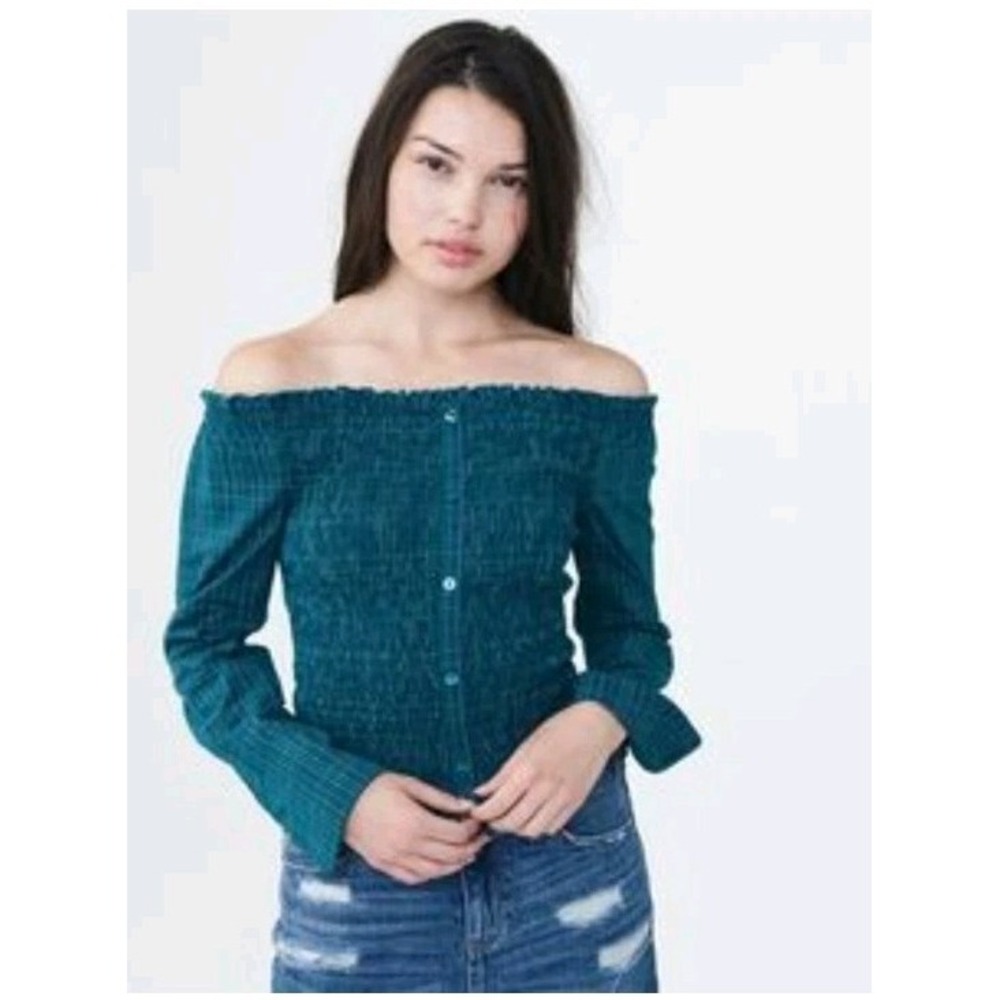 Aeropostale Smocked Blue Front Button Crop Top Long Sleeve Women's Size Small